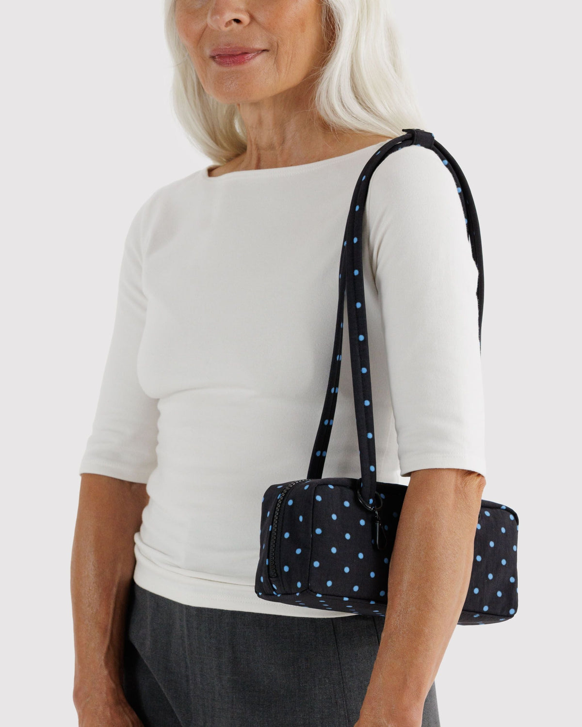 Baggu Small Nylon Bowler Bag Black and Sky Blue Micro Dot 2