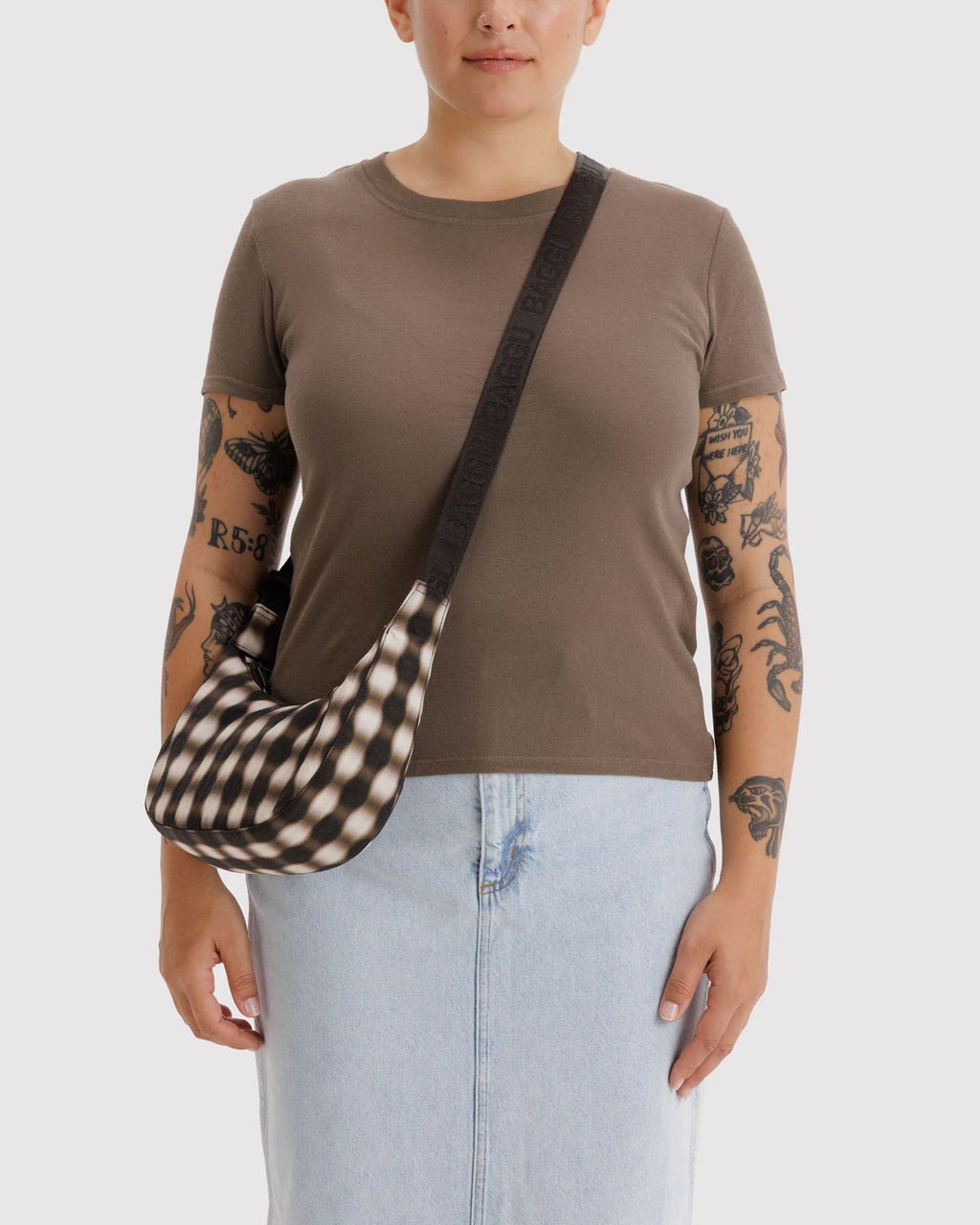 SMALL NYLON CRESCENT BAG | BLURRED GINGHAM