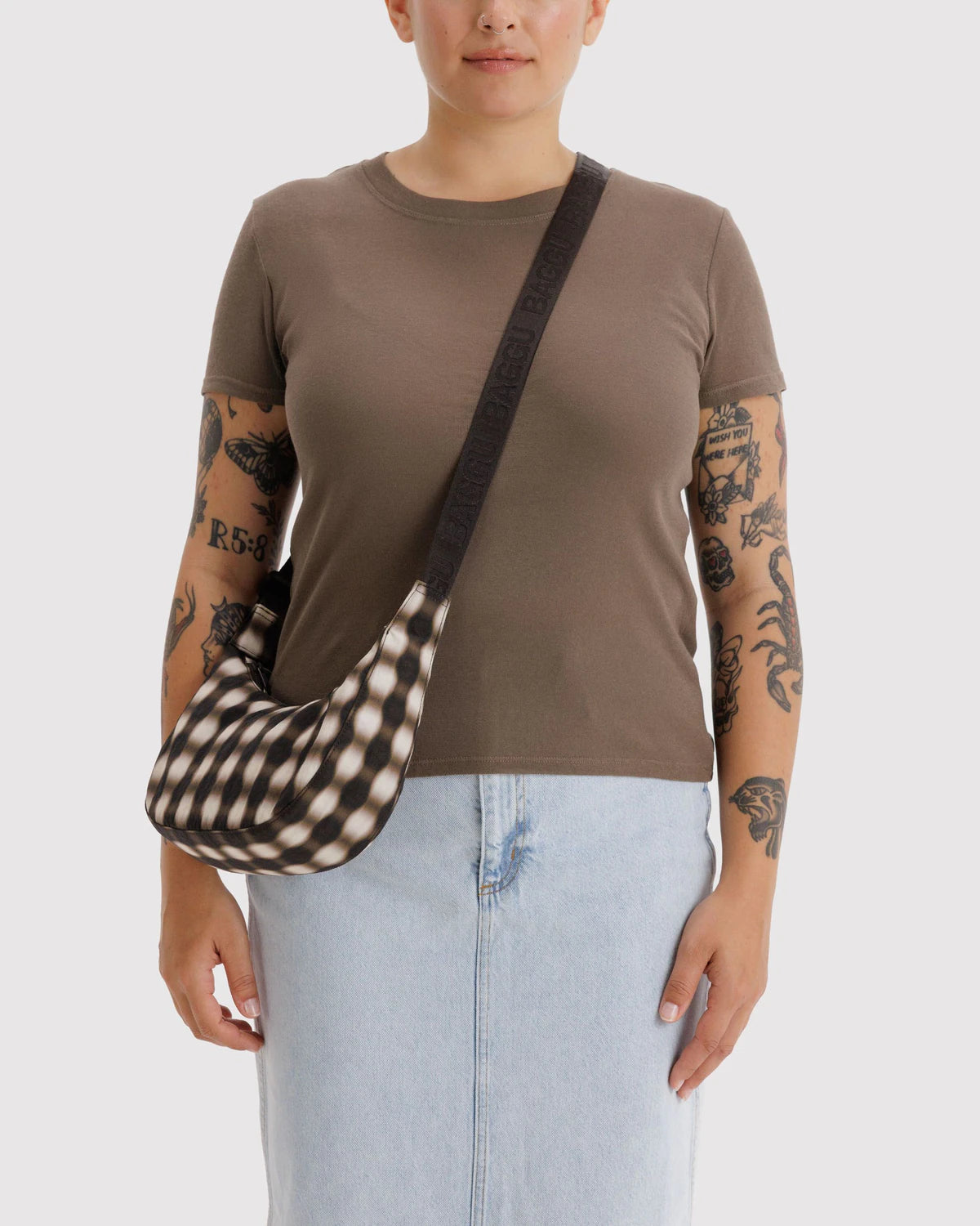 SMALL NYLON CRESCENT BAG | BLURRED GINGHAM