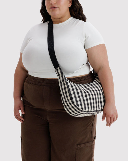 Baggu Medium Nylon Cresent Bag Black and Cream Gingham