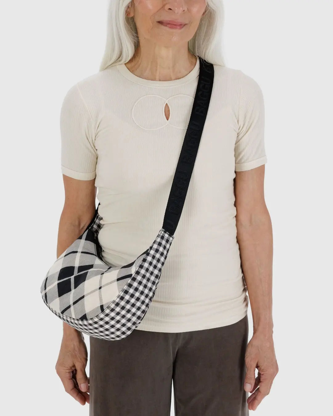 SMALL NYLON CRESCENT BAG | MIXED PLAID