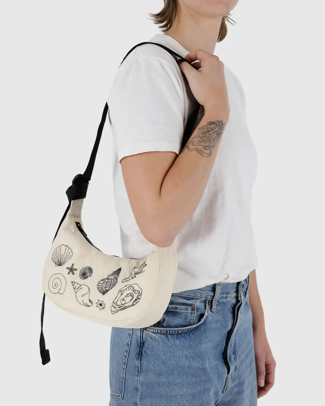 SMALL NYLON CRESCENT BAG | EMBROIDERED SHELLS