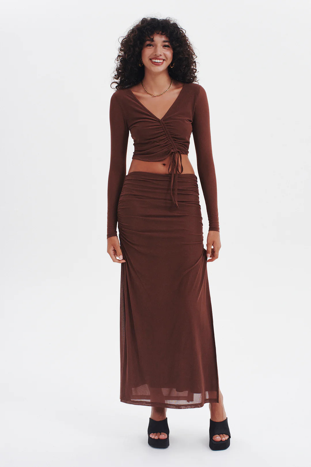 LINDSEY GATHERED MIDI SKIRT | CHOCOLATE