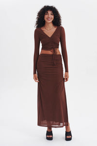 LINDSEY GATHERED MIDI SKIRT | CHOCOLATE