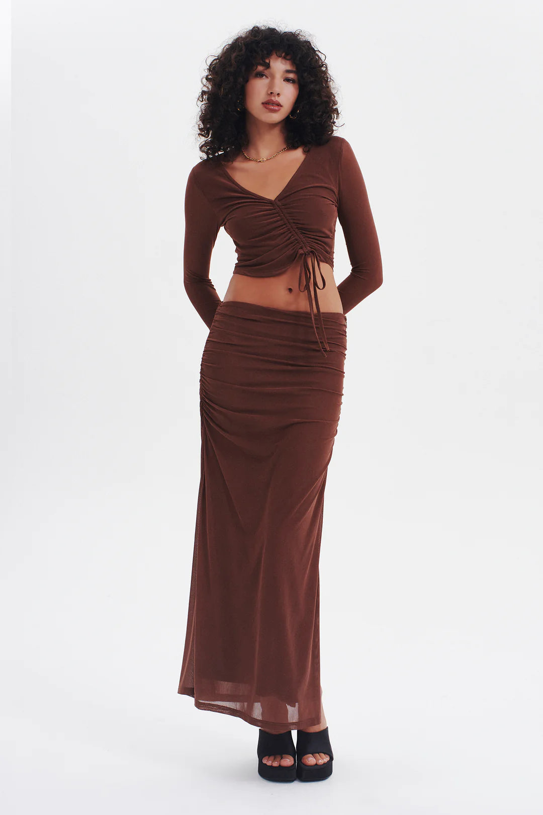 LINDSEY GATHERED MIDI SKIRT | CHOCOLATE