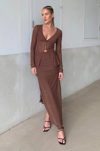 LINDSEY GATHERED MIDI SKIRT | CHOCOLATE