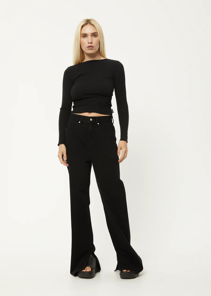 PEONY HEMP RIBBED LONG SLEEVE TOP | BLACK