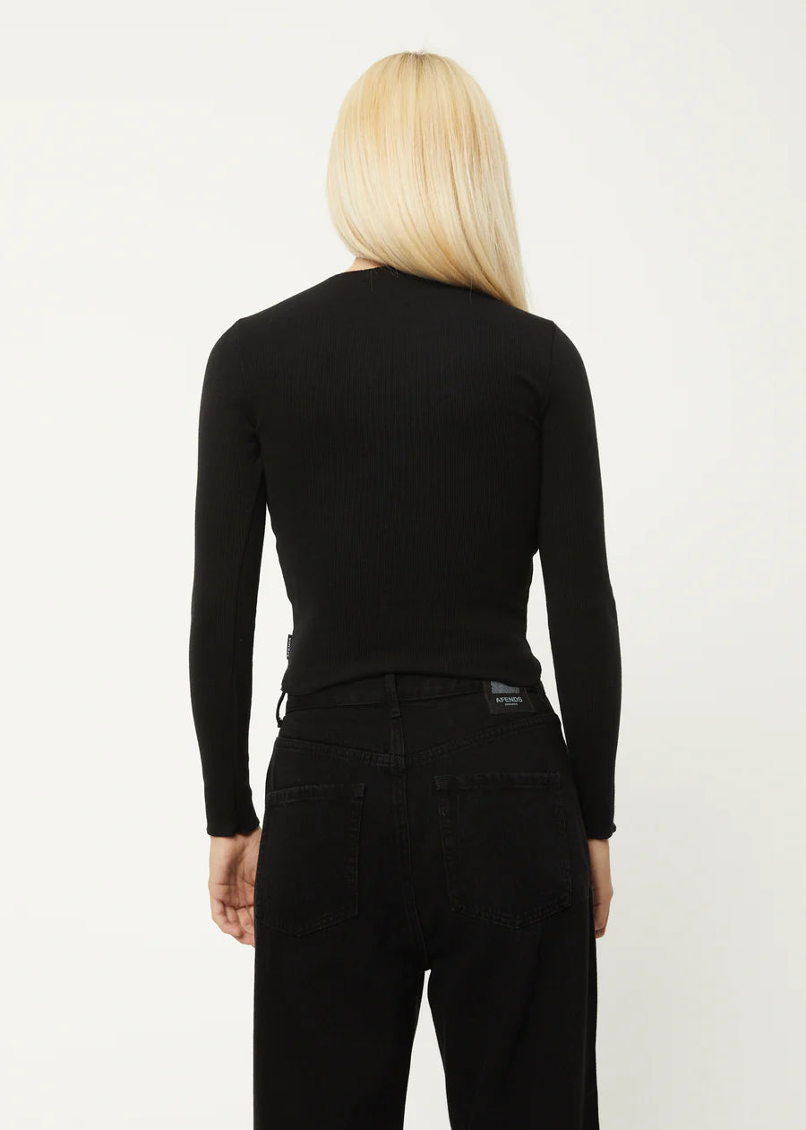 PEONY HEMP RIBBED LONG SLEEVE TOP | BLACK