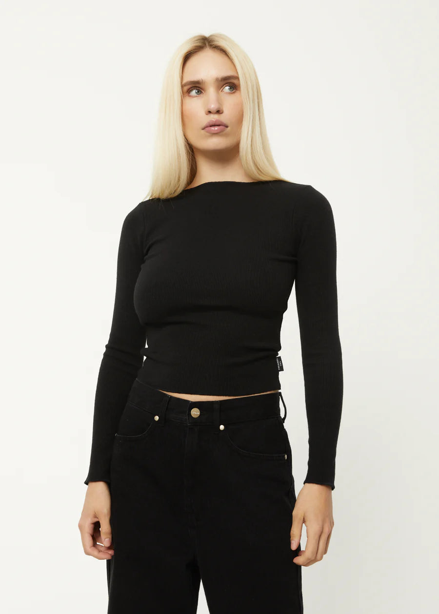 PEONY HEMP RIBBED LONG SLEEVE TOP | BLACK